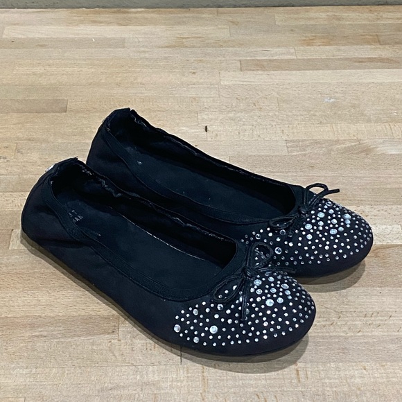 Stuart Weitzman Suede Black Rhinestones Studded Sz 4 Ballet Flats Bow - Picture 2 of 9